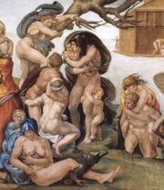 Detail from the scene of the Great Flood, showing how the earlier scenes that Michelangelo painted were crowded with figures.