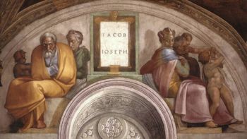 The lunette of Jacob and Joseph, the Earthly father of Jesus. The suspicious old man may represent Joseph.