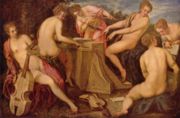 This painting by Tintoretto shows the influence of the ignudi, this time in female form.
