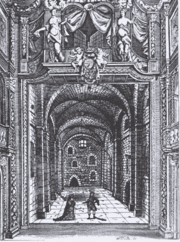 View of the stage of the Dorset Garden Theatre, as it was pictured in the libretto of The Empress of Morocco (1673), see Elkanah Settle.