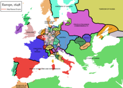 Map of Europe in 1648 at the end of the Thirty Years' War.