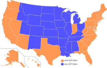 Map of states according to preferred exam of 2006 high school graduates. States in orange had more students taking the SAT than the ACT.