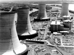 Three Mile Island Nuclear Generating Station consisted of two pressurized water reactors manufactured by Babcock & Wilcox each inside its own containment building and connected cooling towers. TMI-2, which suffered a partial meltdown, is in the background.