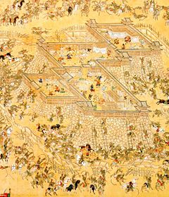 Chinese and Korean troops assault the Japanese forces of Hideyoshi in the Siege of Ulsan Castle during the Imjin War (1592–1598).