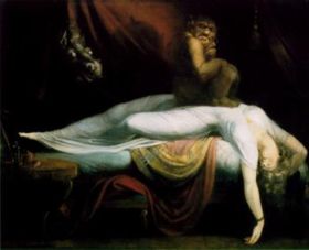 The Nightmare, by Swiss-English artist Henry Fuseli (1781) is probably influenced by the German idea of a wicked Alb (elf) sitting on a dreamer's chest during sleep paralysis.