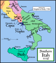 Southern Italy in 1112, at the time of Roger II's coming of age, showing the major states and cities. The border of the Kingdom of Sicily in 1154, at the time of Roger's death, is shown by a thicker black line encircling most of southern Italy.
