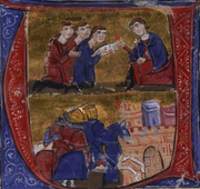 Manuel and the envoys of Amalric – arrival of the crusaders in Pelusium (from the Manuscript of William of Tyre's Historia and Old French Continuation, painted in Acre, Israel, 13th century, Bibliothèque nationale de France).