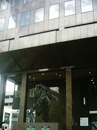 Lloyds TSB offices on Park Row in Leeds showing a sculpture of the Lloyds black horse outside