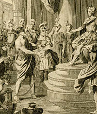 "Caractacus before the Emperor Claudius at Rome", 18th century print by an unknown artist (British Museum)