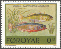 Fish in the Faroe Islands:Stickleback (Gasterosteus aculeatus)Faroese stamp issued: 7 Feb 1994Artist: Astrid Andreasen