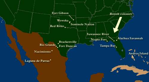 Key locations in the 19th-century odyssey of the Black Seminoles, from Florida to Mexico.