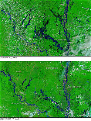 Dozens of villages were inundated when rain pushed the rivers of northwestern Bangladesh over their banks in early October 2005. The Moderate Resolution Imaging Spectroradiometer (MODIS) on NASA’s Terra satellite captured the top image of the flooded Ghaghat and Atrai Rivers on October 12, 2005. The deep blue of the rivers is spread across the countryside in the flood image.