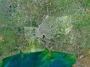 A satellite image showing Bangkok's urban sprawl and its many suburbs.