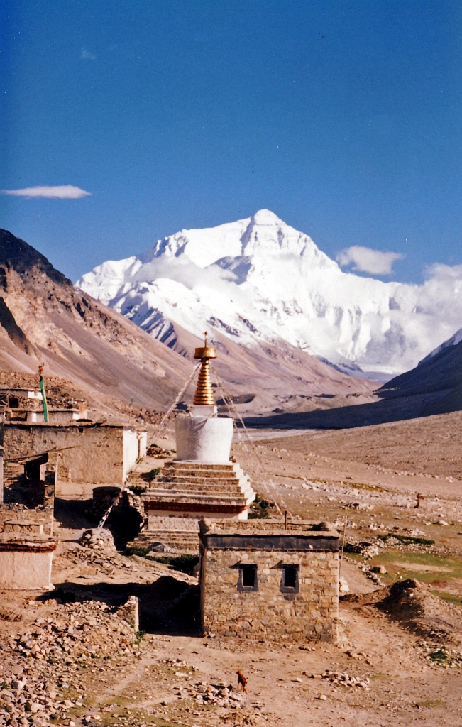 Mount Everest as seen from the Rongbuk Monastery.