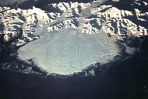The Malaspina Glacier is so large that it can only be seen in its entirety from space; this 1994 photo from STS-66, on a rare clear day, is of an area about 100 km (60 miles) across.