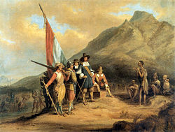 A painting of the arrival of Jan van Riebeeck in Table Bay (by Charles Bell)