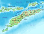 Map of East Timor shows cities and main roads.