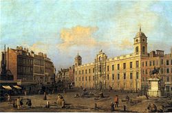 This 1752 painting of Northumberland House in London is an example of Canaletto's work during his residence in England.