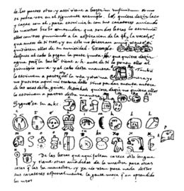 the page from Diego de Landa's Relación de las Cosas de Yucatán (1853 edition by Brasseur de Bourbourg), which contained description of the de Landa alphabet which Knorozov relied upon for his breakthrough.