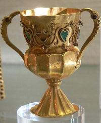 Chalice (c. 525) from the Treasure of Gourdon, perhaps a late Gallo-Roman piece, but displaying clear barbarian markers and influences.