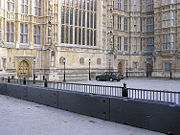 Concrete barriers restrict access to Old Palace Yard.
