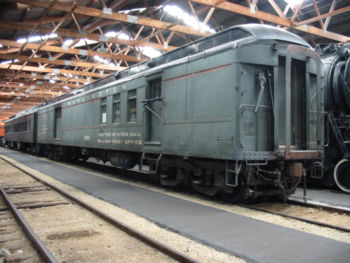 Chicago, Burlington and Quincy Railroad #1923, a heavyweight RPO preserved at the Illinois Railway Museum.