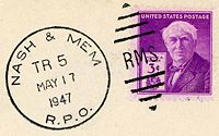 Unique R.P.O. postal cancellation applied to mail handled in the railway post office car of Nashville & Memphis train No. 5.