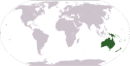 World map exhibiting a common interpretation of Oceania; other interpretations may vary.