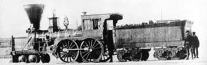 Atlantic and St. Lawrence Railroad locomotive Coos circa 1856 in Longueuil, Quebec.  The short wheelbases of the leading wheels, drivers and the tender bogies were soon expanded on locomotives of this type.