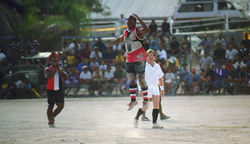 Action from a 1999 Aussie Rules match in Nauru at the Linkbelt Oval
