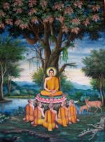 Painting of the first sermon depicted at Wat Chedi Liem in Thailand.