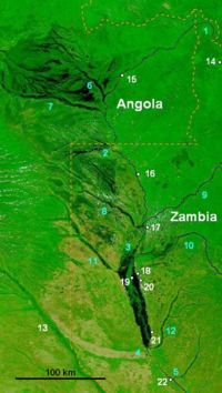 NASA false-colour image of the upper Zambezi and Barotse (Balozi) floodplain in extreme flood in 2003, water shows as dark areas. Blue numbers are rivers: 1 Zambezi source, 2 Zambezi at Chavuma Falls, 3 at start of Barotse Floodplain, 4 at end of the floodplain at the Kalongola Ferry, 5 at Ngonye Falls. Tributaries: 6 Chifumage, 7 Luena, 8 Lungwebungu, 9 Kabompo, 10 Luampa, 11 Luanguinga, 12 Lui, 13 Cuando. Towns (white numbers): 14 Mwinilunga, 15 Cazombo, 16 Zambezi, 17 Lukulu, 18 Limulunga, 19 Lealui, 20 Mongu, 21 Senanga, 22 Sioma. Credit: Jacques Descloitres, MODIS Rapid Response Team, NASA/GSFC.