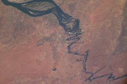 Satellite image showing Victoria Falls and subsequent series of zigzagging gorges