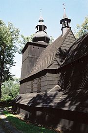 Wooden church with lightning rods and grounding cables