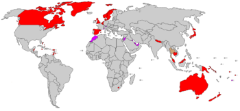 Constitutional monarchies with representative parliamentary systems are shown in red.  Other constitutional monarchies (shown in violet) have monarchs who continue to exercise political influence, albeit within certain legal restrictions. Constitutional monarchies in beige (currently only one nation, Thailand) are constitutional monarchies in which the constitution has been suspended.