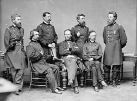 General Sherman with Generals Howard, Logan, Hazen, Davis, Slocum, and Mower, photographed by Mathew Brady