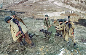 Armenian forces in the May 1992 move in to secure the Lachin corridor. The capture of Lachin allowed Armenia to send in supply convoys to aid the Karabakh separatists and also opened up a route for Armenian refugees to evacuate through.