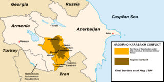 The final borders of the conflict after the 1994 cease-fire was signed. Armenian forces currently control almost 9% of Azerbaijan's territory outside the former Nagorno Karabakh Autonomous Oblast.