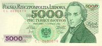 Polish 5,000-złoty banknote, 1974 series, featuring Chopin's likeness.