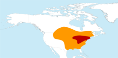 Distribution map of Ectopistes migratoriusIn red : breeding zone; In yellow : wintering zone