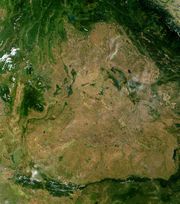 A satellite image of Isan: the borders with Laos and Cambodia can be seen due to the greater deforestation within Isan
