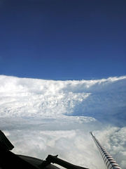 View of the eyewall of Hurricane Katrina taken on August 28, 2005, as seen from a NOAA WP-3D hurricane hunter aircraft before the storm made landfall on the United States Gulf Coast.