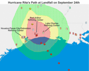 Hurricane Rita at landfall, along with the location of several refineries