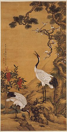 Pine, Plum and Cranes, 1759 AD, by Shen Quan (1682–1760). Hanging scroll, ink and colour on silk. The Palace Museum, Beijing.