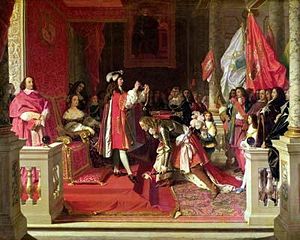 Philip V of Spain creates the James FitzJames Duc de Fitz-James in the Peerage of France, after he soundly defeated the Allies at the Battle of Almanza. Painting by Jean Dominique Auguste Ingres.