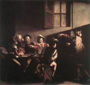 The Calling of Saint Matthew.   1599-1600. Oil on canvas, 322 x 340 cm. Contarelli Chapel, San Luigi dei Francesi, Rome. The beam of light, which enters the picture from the direction of a real window, expresses in the blink of an eye the conversion of St Matthew, the hinge on which his destiny will turn, with no flying angels, parting clouds or other artifacts.