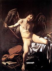 Amor Vincit Omnia. 1602 - 1603. Oil on canvas. 156 x 113 cm. Gemäldegalerie, Berlin. Caravaggio shows Cupid prevailing over all human endeavors: war, music, science, government.