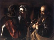 The Denial of Saint Peter, c. 1610. Oil on canvas, 94 x 125 cm. Metropolitan Museum of Art, New York. In the chiaroscuro a woman points two fingers at Peter while a soldier points a third. Caravaggio tells the story of Peter denying Christ three times with this symbolism.