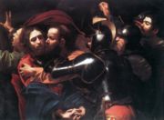 The Taking of Christ,  1602. National Gallery of Ireland, Dublin. Caravaggio's application of the chiaroscuro technique shows through on the faces and armour notwithstanding the lack of a visible shaft of light. The figure on the extreme right is a self portrait.
