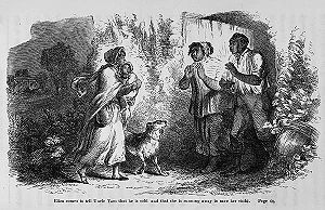 Fullpage illustration by Hammatt Billings for Uncle Tom's Cabin (First Edition: Boston: John P. Jewett and Company, 1852). The engraving shows Eliza telling Uncle Tom that she has been sold and is running away to save her child.